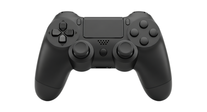 Dark gray video game controller with directional buttons and analog sticks, isolated on a white or transparent background, cutout, PNG