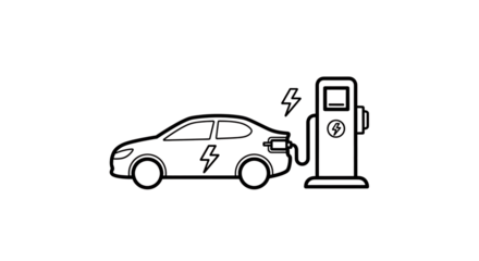 White outline of electric car connected to charging station with lightning bolt symbols, isolated on a white or transparent background, cutout, PNG