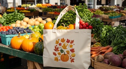 Autumn Harvest Tote Bag Filled with Pumpkins and Fresh Produce at Farmers Market.
