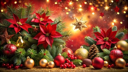 Festive christmas still life with poinsettia flowers, ornaments, and pine branches creating a warm and inviting holiday atmosphere with bokeh lights