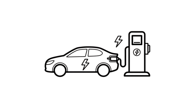 White outline of electric car connected to charging station with lightning bolt symbols, isolated on a white or transparent background, cutout, PNG - Powered by Adobe