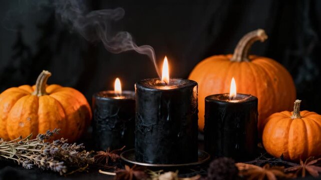 Black Candles with Pumpkins and Smoke