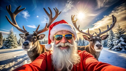 A cheerful santa claus takes a selfie with two majestic reindeers in a snowy winter wonderland, capturing the joy and magic of christmas
