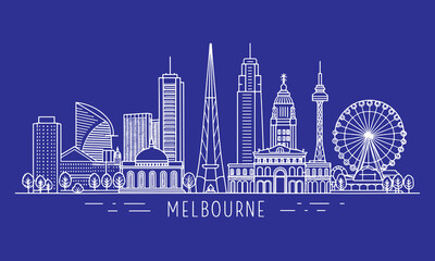 Obraz premium Melbourne Skyline Sketch with Cultural Landmarks — Hand-Drawn Cityscape Art for Tourism, Travel Poster and Souvenir Design
