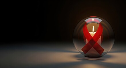 Candle with red ribbon inside glass sphere. Symbol of world aids day concept.