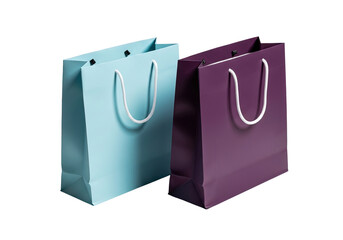 Two elegant paper gift bags one light blue and one deep purple isolated on transparent background