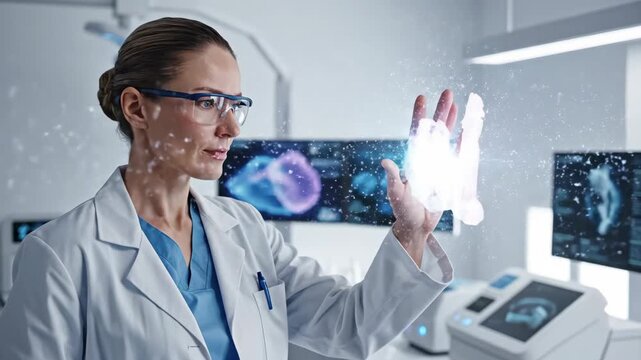 European woman scientist examines holographic DNA structure in modern lab. Female researcher interacts with glowing genetic model on digital screens. Biotechnology and genomics visualization footage.