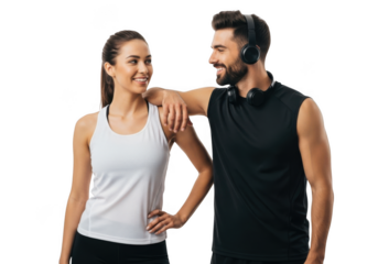 Fit couple with headphones isolated on transparent background
