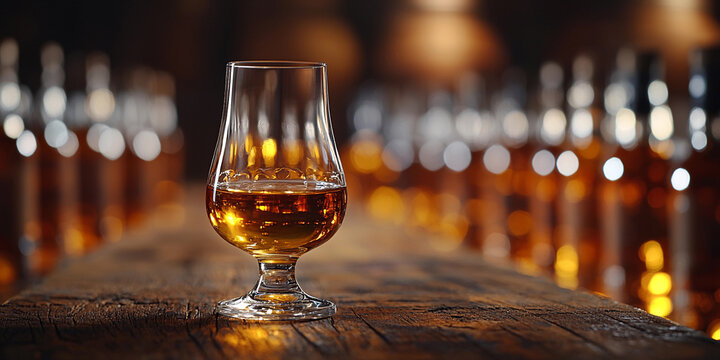 Golden whiskey glass on a rustic wood table in warm light Generative AI