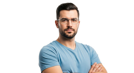 Fototapeta premium Man with glasses and blue tshirt isolated on transparent background