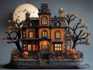 Illuminated Haunted Victorian Mansion Halloween Decoration with Pumpkins and Bare Trees against a Full Moon, Eerie Architectural Model for Autumn Displays