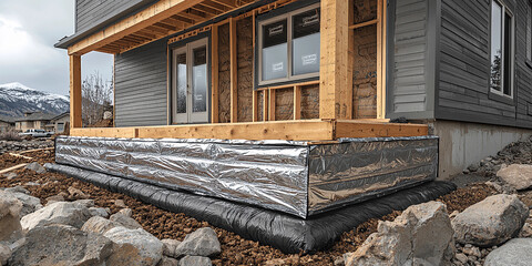 Wall insulated foundation with reflective material shows construction progress Generative AI