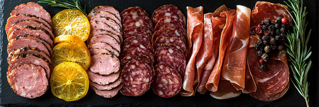 Delicious platter of assorted sliced deli meats and garnishes Generative AI