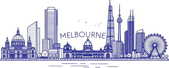 Fototapeta premium Melbourne Skyline Sketch with Cultural Landmarks — Hand-Drawn Cityscape Art for Tourism, Travel Poster and Souvenir Design