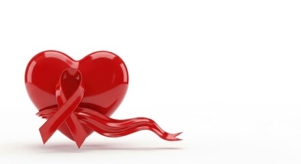 Red heart with awareness ribbon on white background. Symbol of solidarity. Concept.