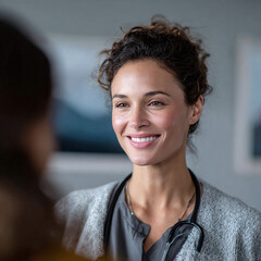 Professional female doctor listens intently.  Smiling, caring,  empathetic.  Medical professional.  Healthcare, wellness,  consultation.  Authentic connection  trust.