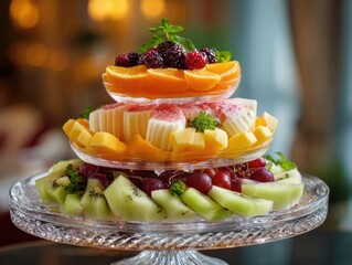 Elegant Three-Tiered Fruit Platter Display with Assorted Fresh Fruits Mint Garnish Including Oranges, Kiwis, Berries, and Grapes