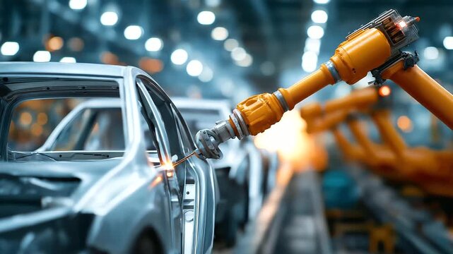 Robotic arms welding on a car assembly line, advanced manufacturing in vehicle construction, robotics evolution in auto tech, industrial automation in production efficiency, future