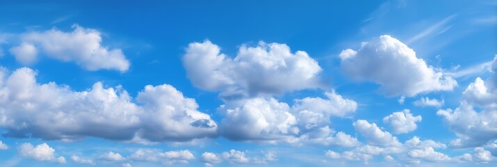 Panoramic view of blue sky with fluffy white clouds. Ideal as a clean natural background with copy space for banners, presentations, web design, or inspirational commercial projects.