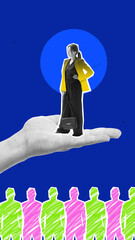 Trendy collage. Hand holding chosen female candidate above silhouettes symbolizing recruitment...