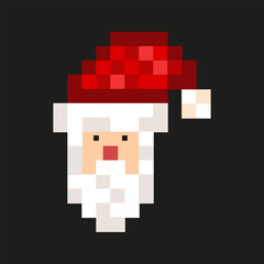 Pixel vector Santa Claus icon isolated black background. Modern Pixel art Santa template design. Perfect retro element  for Christmas art poster card cover decor. EPS 10