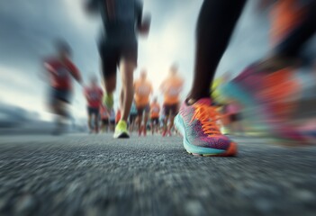 Motion blur of colorful running shoes during a marathon race. Energetic perspective from street level. Ideal for sports, fitness, competition, teamwork, health, and active lifestyle themes.