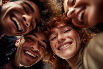 Group of diverse happy friends smiling and laughing together, captured from below. Perfect for lifestyle, youth, friendship, teamwork, community, social media, and positive emotional concepts.