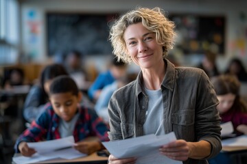 Smiling female teacher holding papers in diverse classroom. Confident educator supporting students in modern learning environment. Concept of teaching, leadership, and inclusive education.