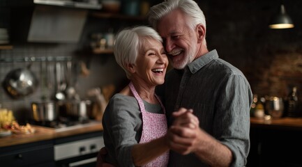 Happy senior couple dancing together in cozy kitchen. Loving elderly partners enjoying life and romantic moment at home. Concept of aging well, retirement lifestyle, and emotional connection.