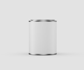 Minimalist blank white cylindrical tin can with metallic details, product mockup. 3d illustration