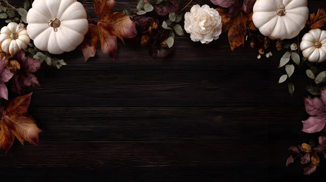 Rustic dark wood flatlay top view white pumpkins autumn leaves flowers left right floral frame wide copy space fall harvest Thanksgiving mockup high-res - Powered by Adobe