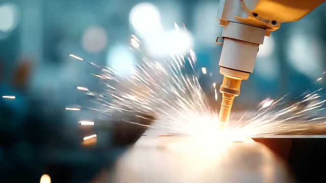 Close-up of robotic arm welding with precision sparks, advanced manufacturing in automotive tech, robotics evolution in sensor use, industrial automation in clean environments, fut