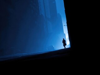 Urban Solitude Enveloped in Deep Blue Hues Mysterious Figure Emerging from Shadowed Underpass Cityscape silhouette against dark sky and misty atmosphere