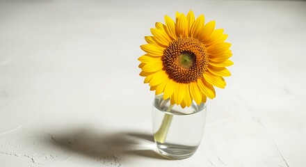 Single yellow sunflower in a clear glass vase on a white table.