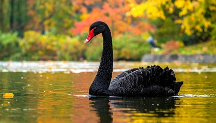 A black swan swims in water reflecting autumnal foliage on trees, vibrant colors, and peaceful scenery