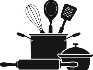Festive cooking utensil silhouettes with rolling pin, pie tin, ladle, and pot