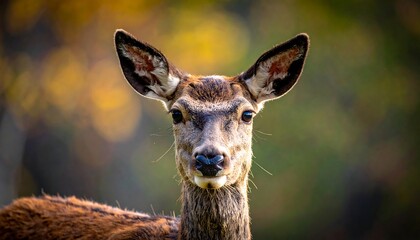 A brown deer, close-up portrait against a colorful bokeh background, stares directly at the camera with alert eyes