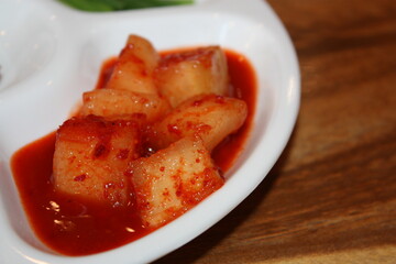 South Korean Food Dwaeji Gukbap Side Dishes: Ssamjang, Vegetables, and Kkakdugi Kimchi