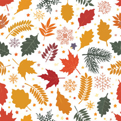 Autumn to Winter seasonal pattern silhouettes with mix of leaves, snowflakes, pinecones, and stars 