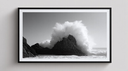 Monochrome print of powerful ocean waves crashing against a rocky shore. Evokes strength, natures force, and coastal beauty. Ideal for home decor, or editorial use.