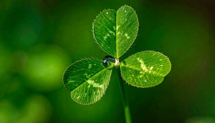 A close up of a three-leaf clover with a single, shiny water droplet sitting at the leaf junction