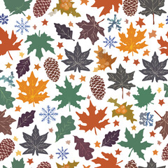 Autumn to Winter seasonal pattern silhouettes with mix of leaves, snowflakes, pinecones, and stars