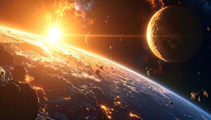 A cosmic view of a sun rising over a blue and brown planet with a moon and asteroids against a star field