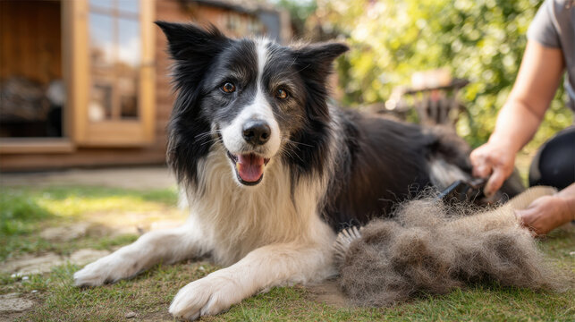 Border Collie enjoying a grooming session in a sunny backyard. A beautiful Border Collie is being brushed outdoors, enjoying the pampering and shedding its winter coat