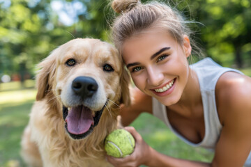 Young woman enjoys playful moments with her golden retriever in a sunny park