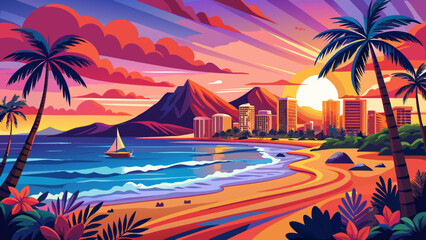 Very beautiful vibrant sunset over Waikiki Beach in Honolulu, Hawaii, showcasing Diamond Head volcano, palm trees, and calm ocean waves, creating a dreamy tropical paradise perfect for travel and rela