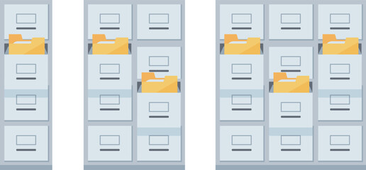 Office cabinet with open drawer and visible document files illustration set
