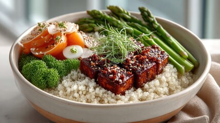 Overhead view of a vibrant healthy meal in a ceramic bowl featuring glazed tofu broccoli florets asparagus spears and quinoa with fresh garnishes in natural lighting