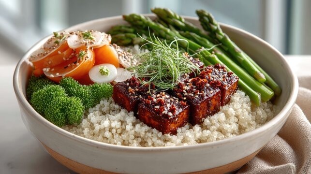 Overhead view of a vibrant healthy meal in a ceramic bowl featuring glazed tofu broccoli florets asparagus spears and quinoa with fresh garnishes in natural lighting