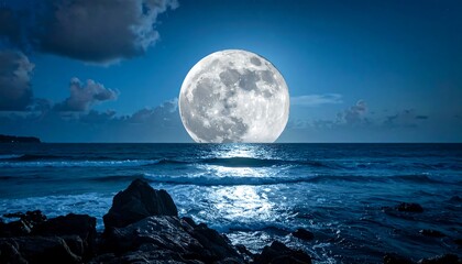 A full moon shines brightly above ocean horizon, reflecting light on water's surface. Rocks are in foreground